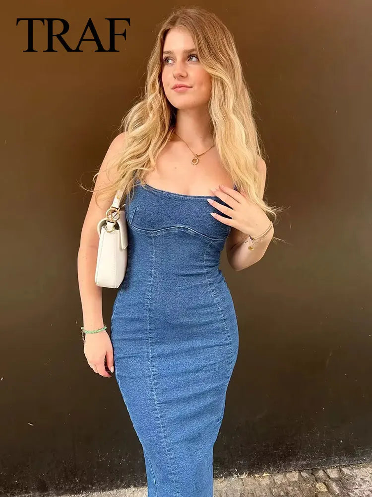 TRAF Denim Corset Midi Dress - Blooming Trendz