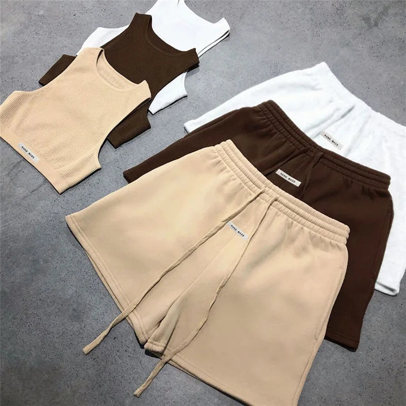 Women's Sport Shorts Sets Letter Ribbed Skinny Tank Tops Loose Casual Drawstring Sweatpants Gym Workout Fitness Female Tracksuit - Blooming Trendz